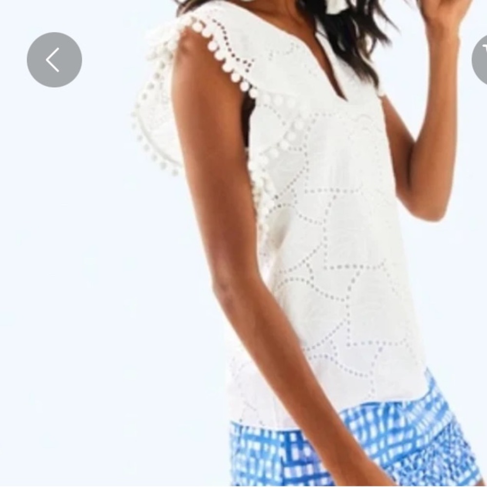 Lilly Pulitzer small Astara resort top white leaf eyelet pom Pom trim